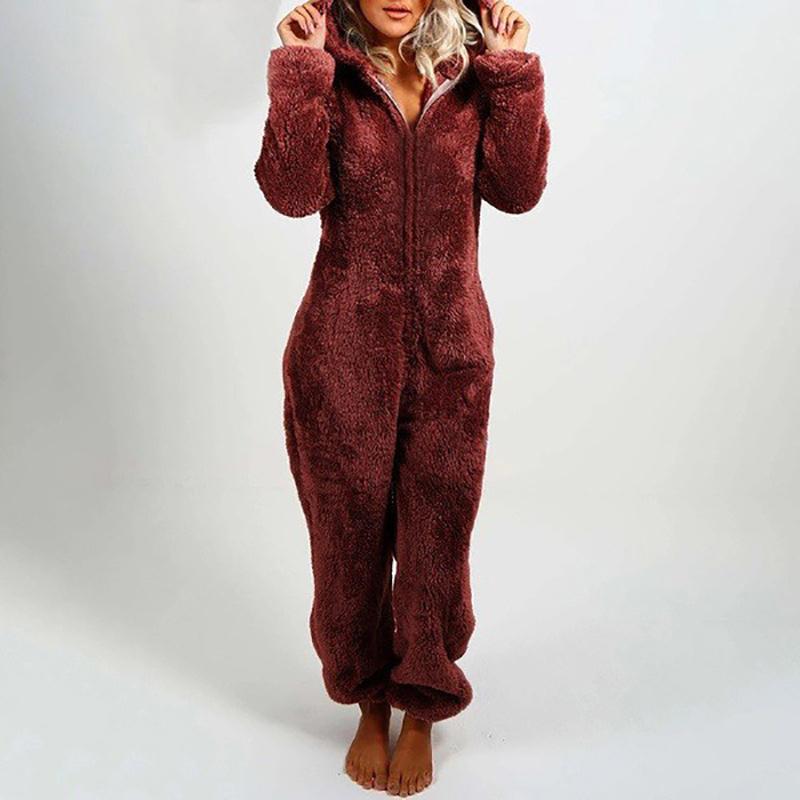 Damen Winter-Overall aus warmem, weichem, flauschigem Fleece mit schlichter Kapuze und All-in-One-Overall S wein rot