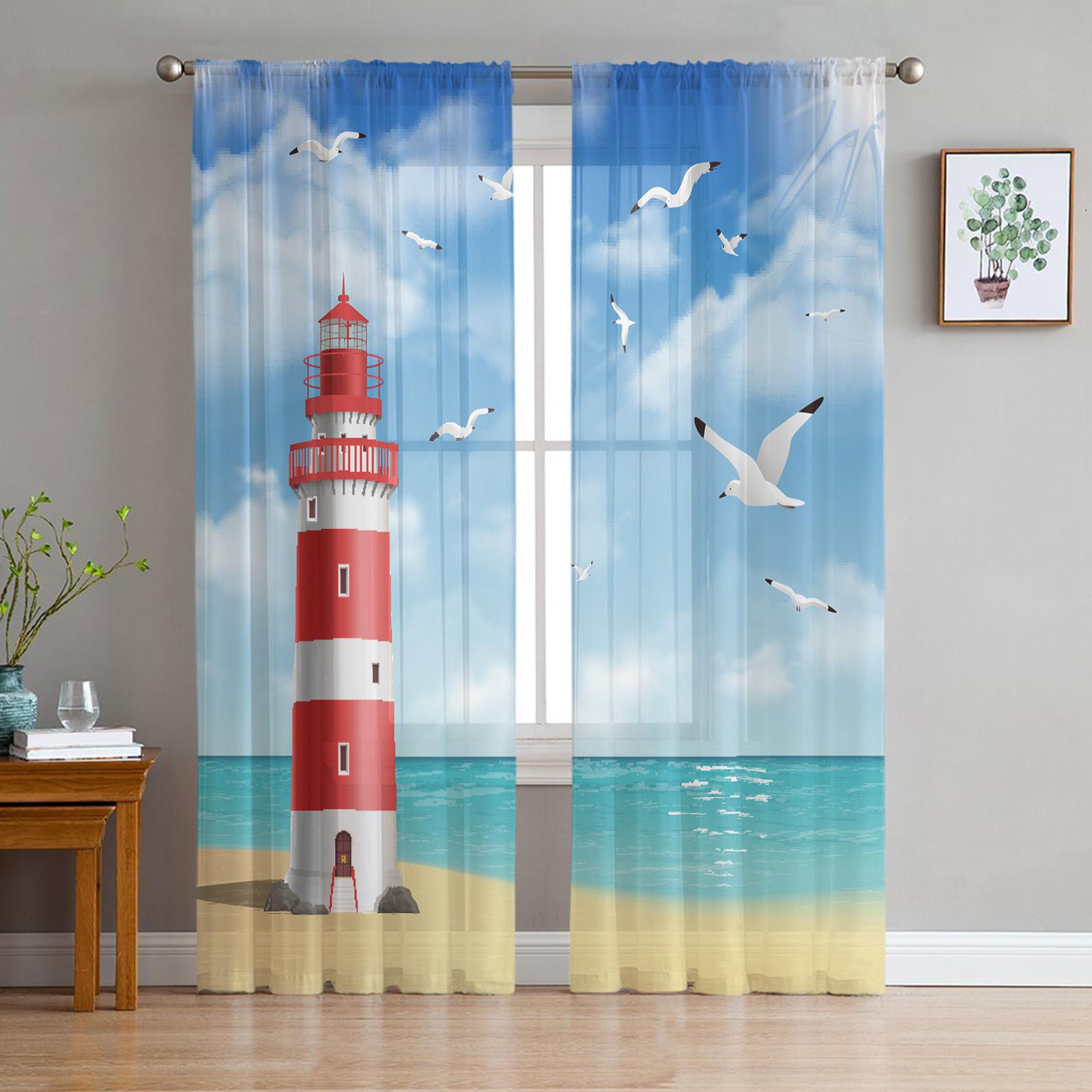 Leuchtturm Strand Möwe Transparente Vorhänge für Wohnzimmerdekoration Fenstergardinen für Küche Tüll Voile Organza Vorhänge W135 x H115cm x1