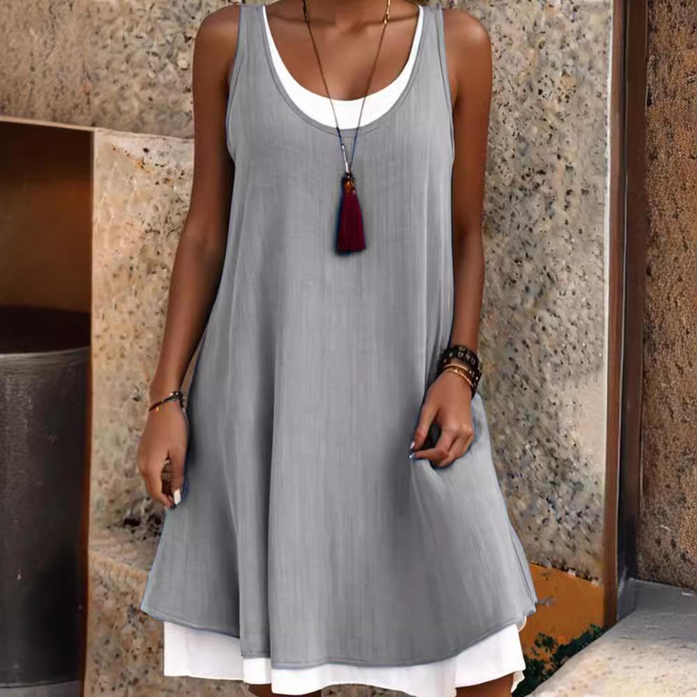 Sommer Damen Kleid Tasche Ärmellos Rundhals Damen Baumwolle Leinen Kleider XXXL grau