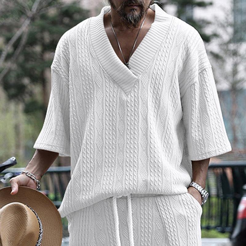 Herren Casual Strick T-Shirt Herren Sommer Lockeres Kurzarm T-Shirt Lockeres V-Ausschnitt Sport Einfarbig T-Shirt Herren L weiß