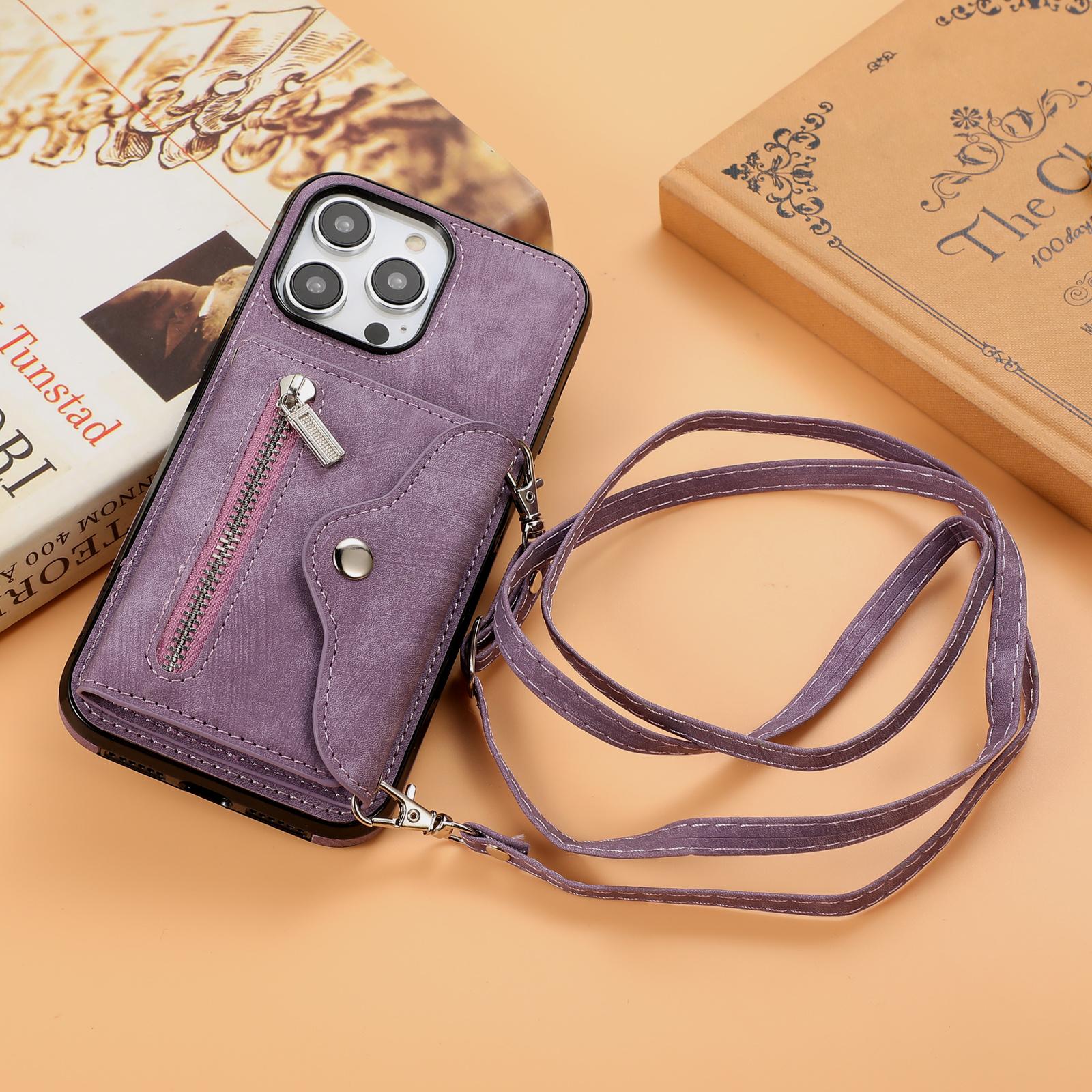 Crossbody Schultergurt Reißverschluss Brieftasche Ledertasche für Samsung Galaxy S24 S23 S22 S21 S20 S10 A52 A14 A24 Multi-Card Slot Orgel Design Stand Cover Samsung S23 FE violett