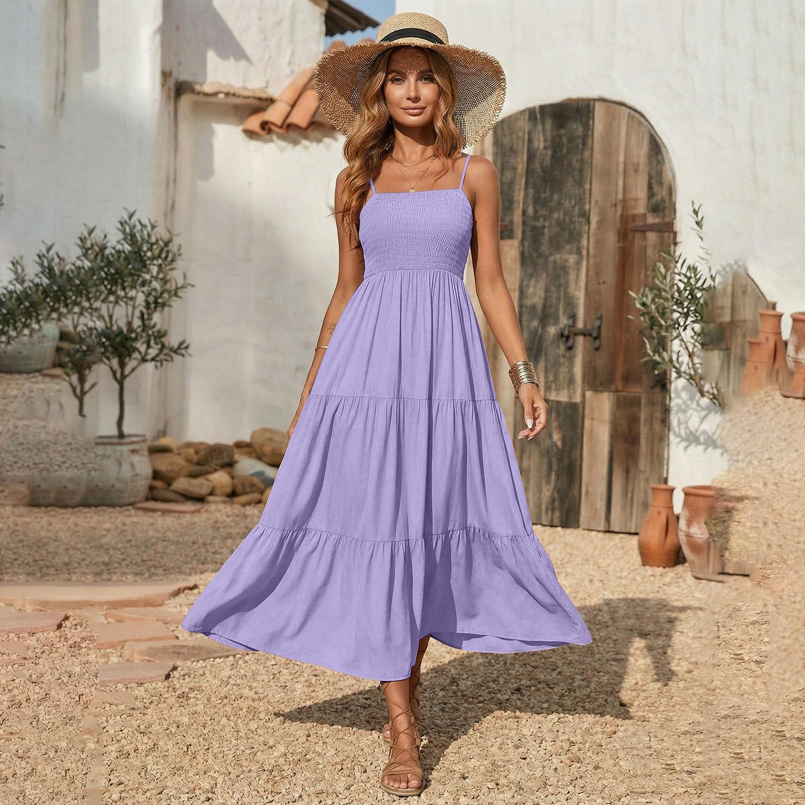 Sommerkleider für Damen UK Ärmelloses Stufen-Maxikleid Lässige Fließende Kleider für Damen UK Karree-Ausschnitt Damenkleider L violett