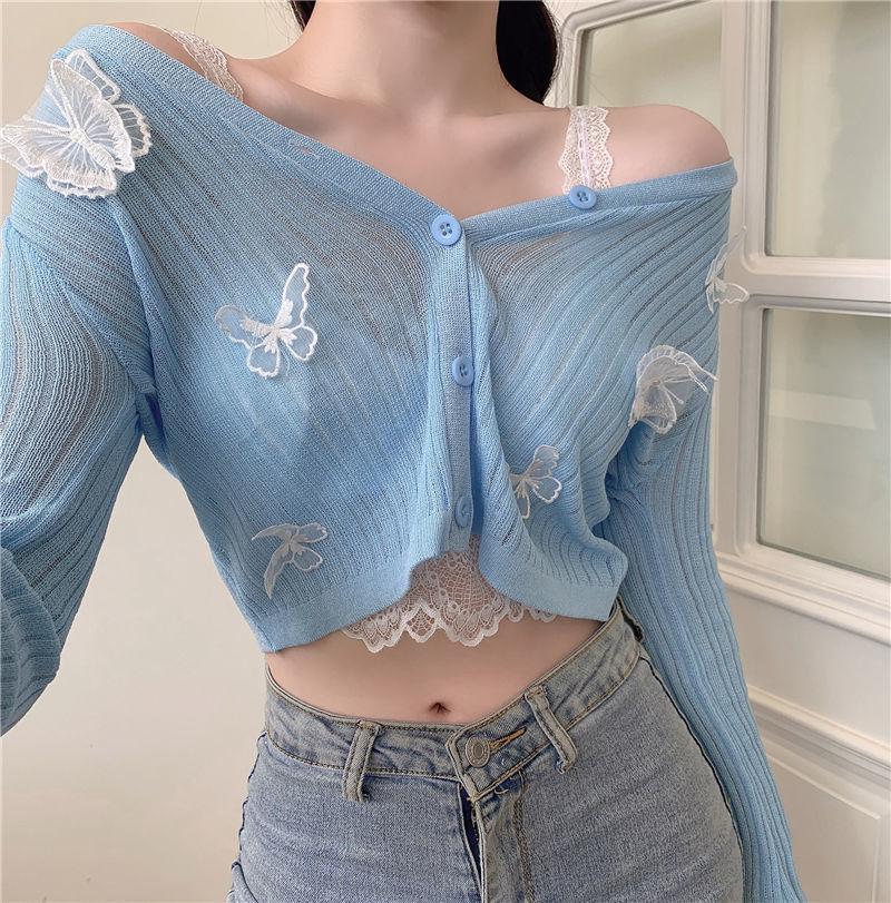 Schmetterling Stricken Strickjacken Frauen Sexy V-ausschnitt Fitness Crop Tops Damen Sommer Dünne Lange Ärmeln Sonnenschutz Jacken L blau