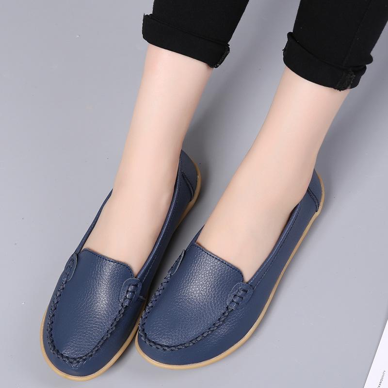 Frühling und Sommer Rindsleder Mutter Schuhüberzug Fuß Flachmund Schuhe Kuh Sehnensohle Loafer Schuhe Low Top Krankenschwester Schuhe Freizeit Bean Schuhe 39 blau