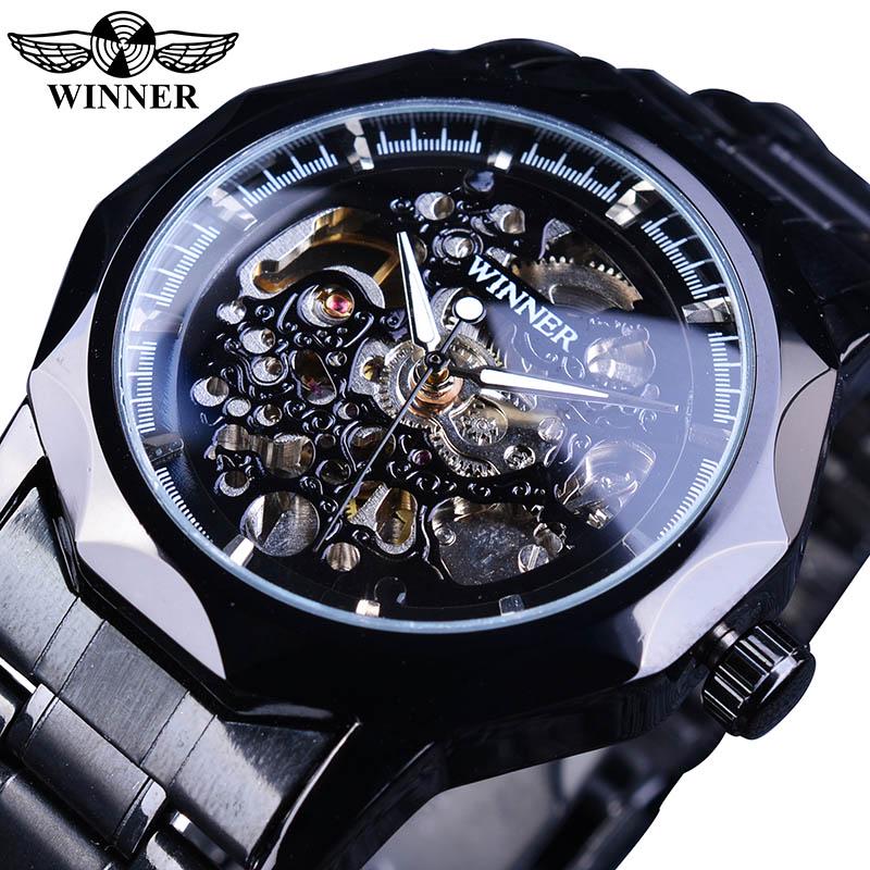Winner Skelett automatische mechanische Uhr Herren Uhren Edelstahl Armband Sport Luxus männliche Uhr chinesische Armbanduhr schwarz
