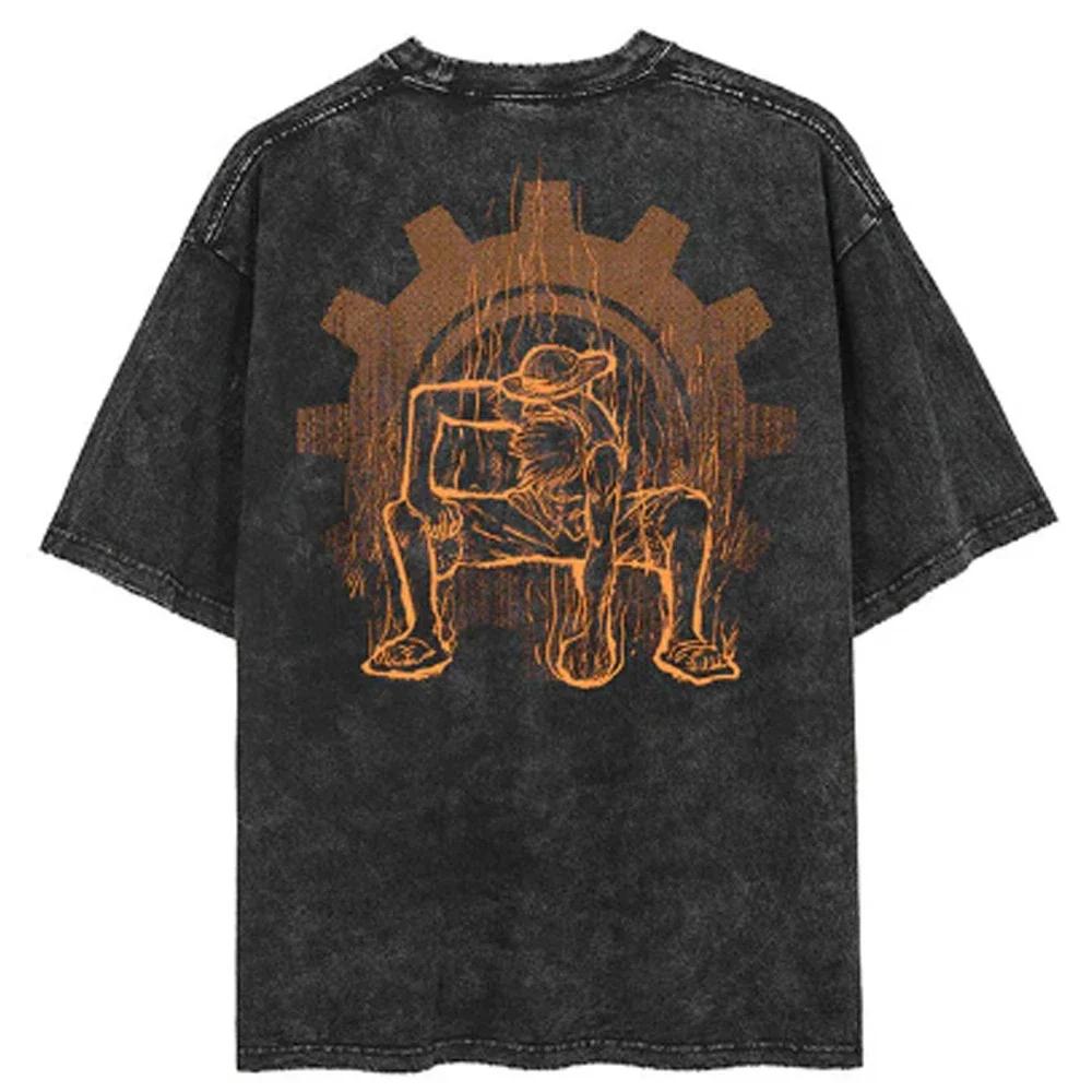 Lässiges gewaschenes Harajuku Herren T-Shirt Baumwolle gewaschen Japanischer Anime One Piece Grafik Locker Streetwear Schwarze Oberteile T-Shirts 3XL brown