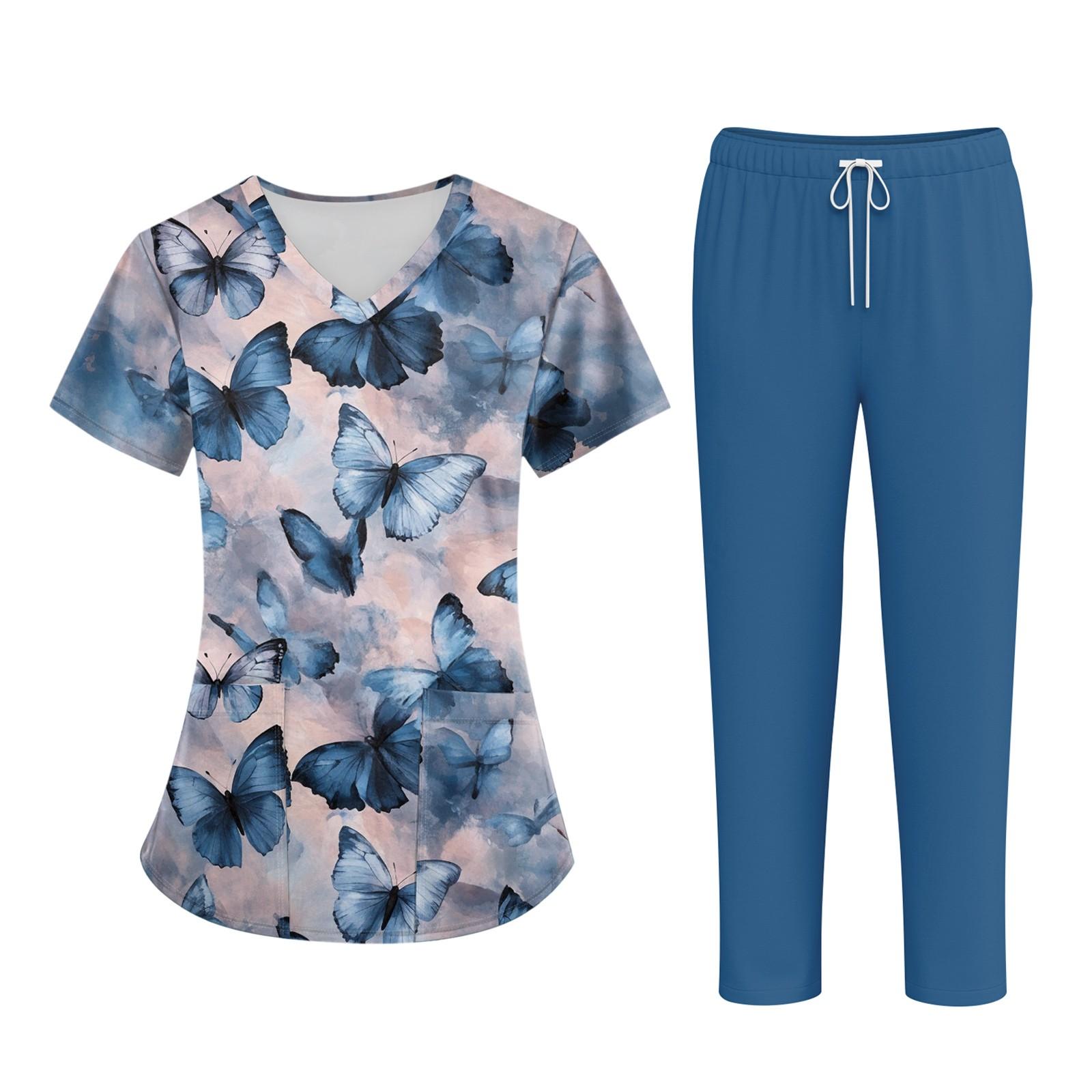 Damen Kurzarm Kasack und Hose Set mit Tier-Blumen-Print V-Ausschnitt Tasche Uniform für Krankenschwester Pfleger Arbeitskleidung Zweiteiliges Outfit XXL gray