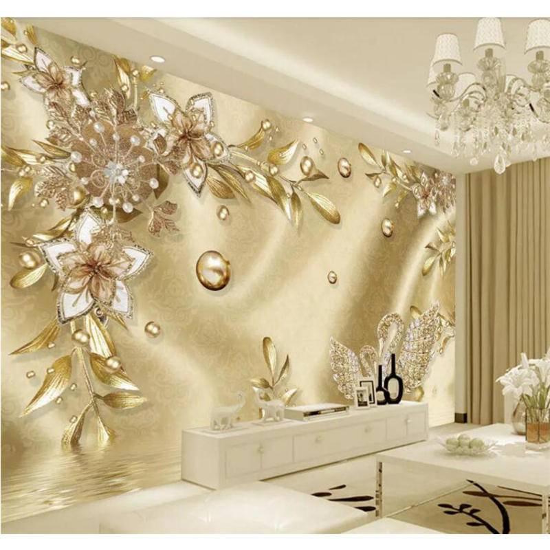 3D dreidimensionale goldene Blumen-Fototapete, europäisches Luxus-Edelstein-Blumen-Wandbild, Wohnzimmer-TV-Hintergrund-Wandbild 380 cm(W) x 260 cm(H)