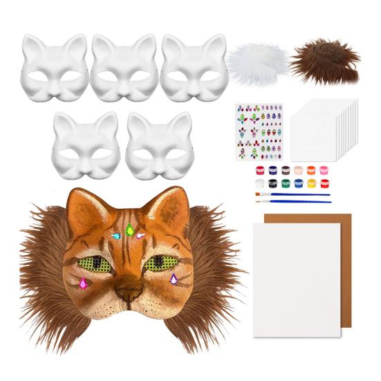 DIY Therian Masken-Set Blank Handbemalt Halbgesichts-Katzen-Fuchs-Maske mit Fell Augennetz und Filzbogen für Halloween Karneval Maskerade Party Cosplay A