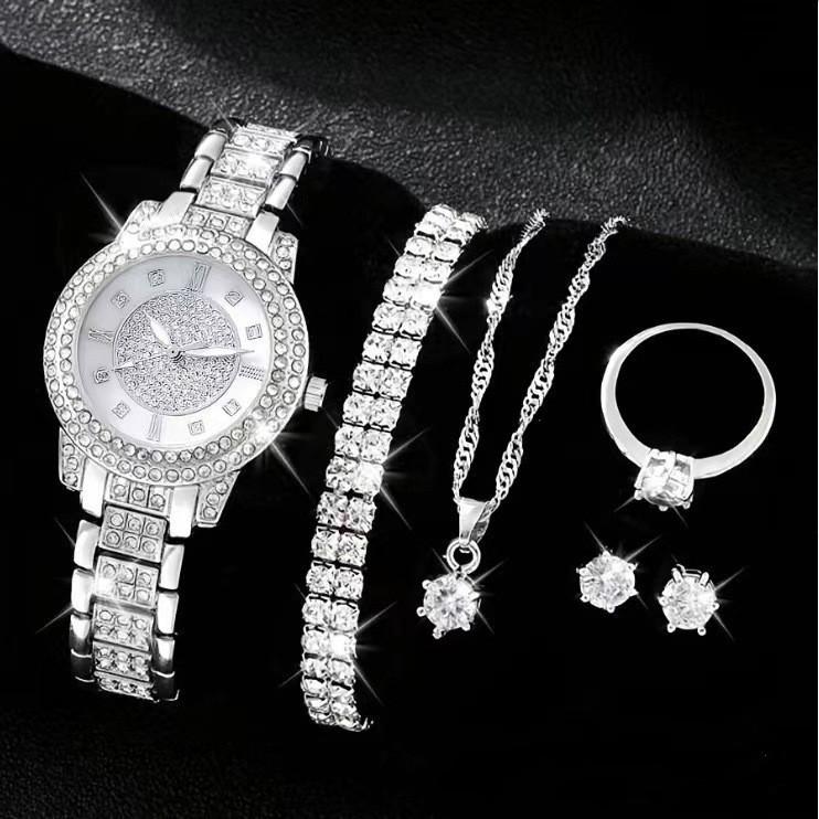 6-teiliges Damenuhren-Set, luxuriöse Strass-Quarzuhr, römische Mode-Analoguhr und Schmuckset, Geschenk für Mama und Sie black