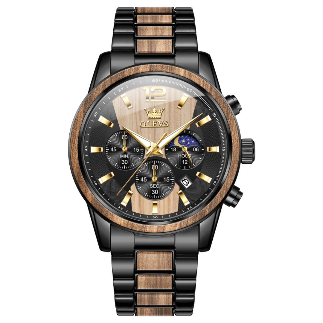 Herren Datum Quarz Uhr Luxus Leuchtend Chronograph Armbanduhr Edelstahl Holz Wasserdicht Herren Kalender Uhr khaki