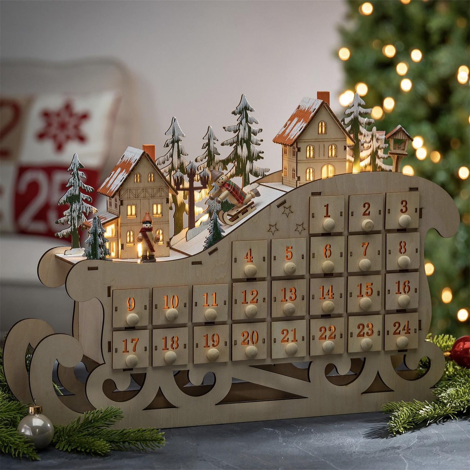 Holz 24 Countdown Weihnachtskalender Creatived Home Schlitten Kalender Holz LED Weihnachtsdekoration Ornamente One Size