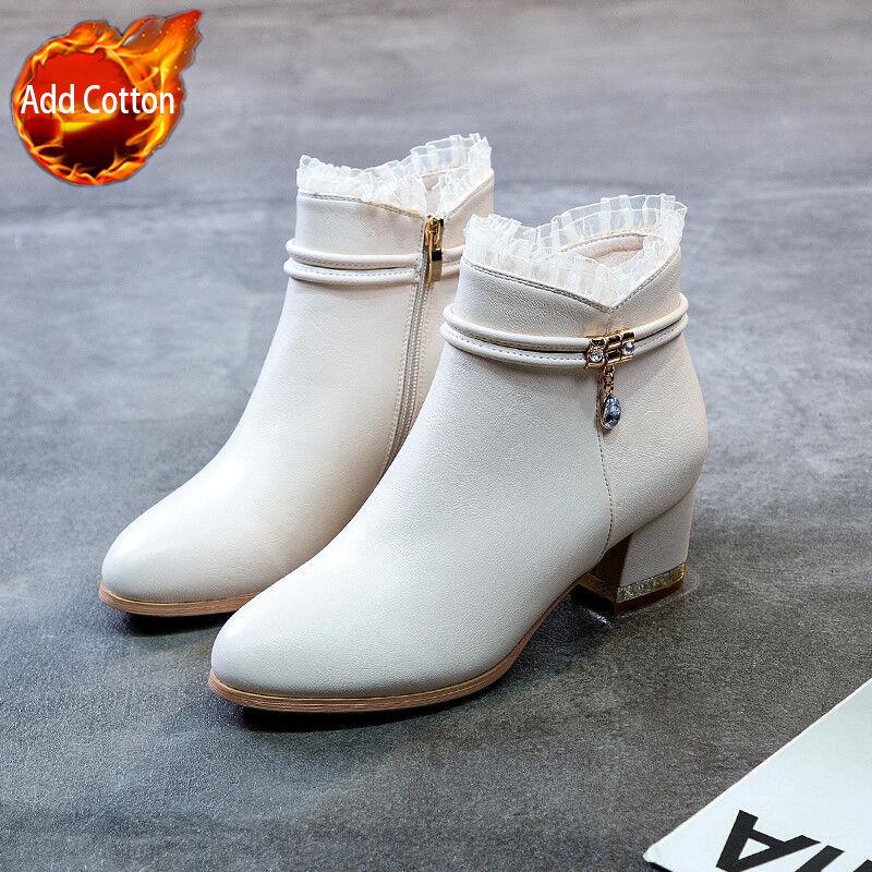 Herbst Winter Elegant mit Mittelhohen Absätzen Damen Kurze Schuhe Leder Wasserdicht Runde Zehe Damen Stiefeletten Ausverkauf Neu in Stiefeletten 36