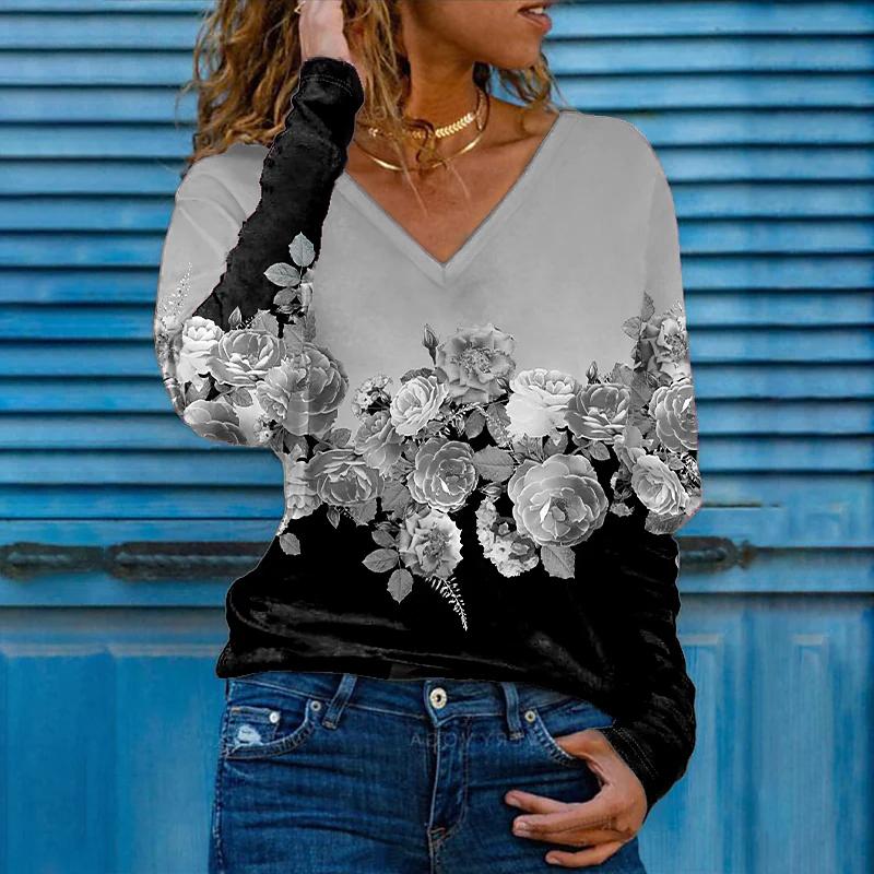 3D-Druck Rose Frauen T-Shirts Damen Tops Langarm V-Ausschnitt Pullover Femme T-Shirts T-Shirt für Frauen 8XL grau