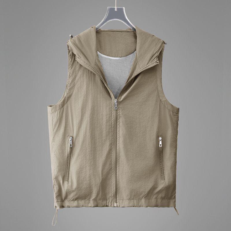 Sommer Sonnenschutzkleidung Atmungsaktive Weste Jacke Damen Lässig Dünn Mit Kapuze Ärmellos Reißverschluss Weste Damen Oberteile 4XL khaki