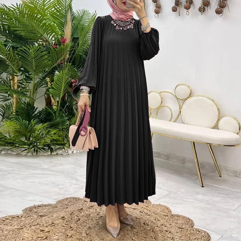 ZANZEA Damen Lässiges Rundhals-Langarm-Kleid mit lockerer Plisseefalte S schwarz