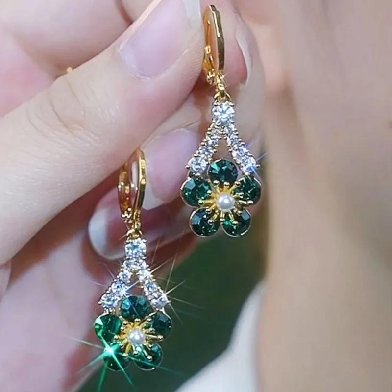 Neue Sommer Luxus Grüne Kristall Blume Ohrringe für Frauen Modische Personalisierte Täglichen Zubehör Party Schmuck Geburtstag Geschenke