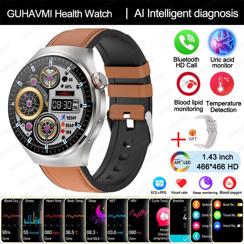 2025 Neue Smartwatch in Krankenpflegequalität Blutsauerstoff Blutfett Harnsäure EKG+PPG Körpertemperatur Bluetooth-Anruf Gesundheits-Smartwatch brown-leather