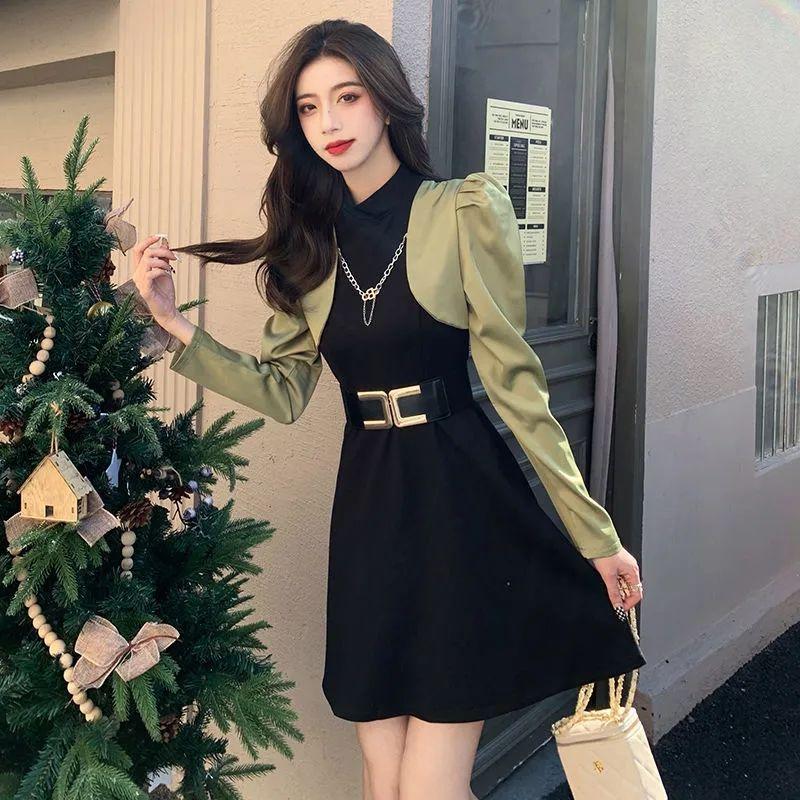 Frühling und Herbst Damen Kleid Design Sinn Temperament gefälschte zwei kleine Kleider 4XL grün