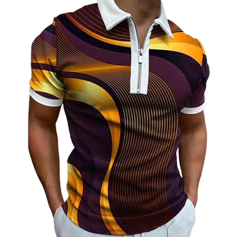 Lässiges Revers-T-Shirt, junges Herrenmode-Reißverschluss-T-Shirt, kurzärmliges T-Shirt, Herren-T-Shirt mit 3D-Blue-See-Wasser-Aufdruck 8XL gold