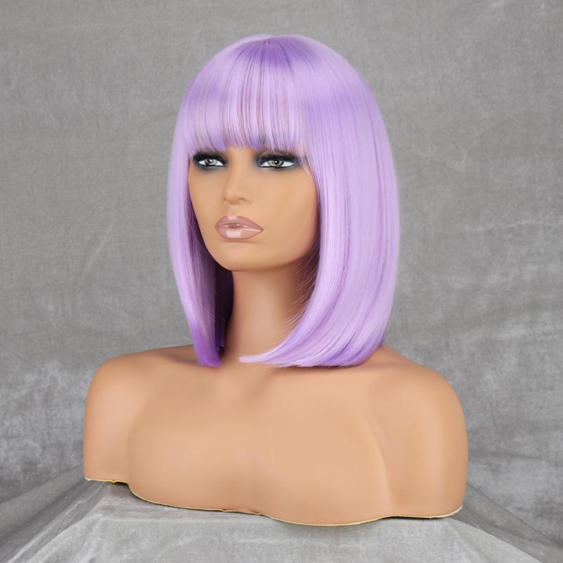 MISS WIG Kurze gerade Bob-Perücke für Damen mit Pony, Kunstfaser, grau, für Cosplay, Alltag, schulterlange Bob-Perücke