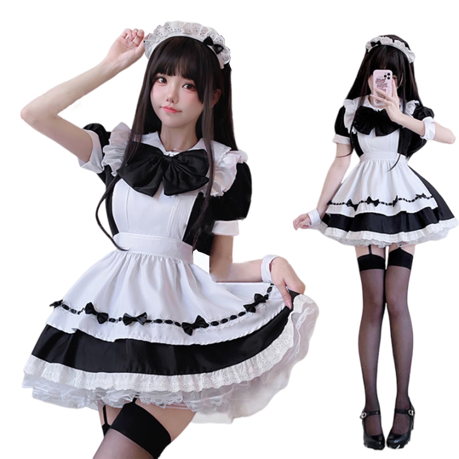 AOTYP Maid Cafe Niedlich Kurz Halloween Komplett Schule Otaku Größe 3XL Kostüm, Cosplay, Maid, Schleife, Länge, Kostüm, Damen, Set, Cosplay, Events, schwarz