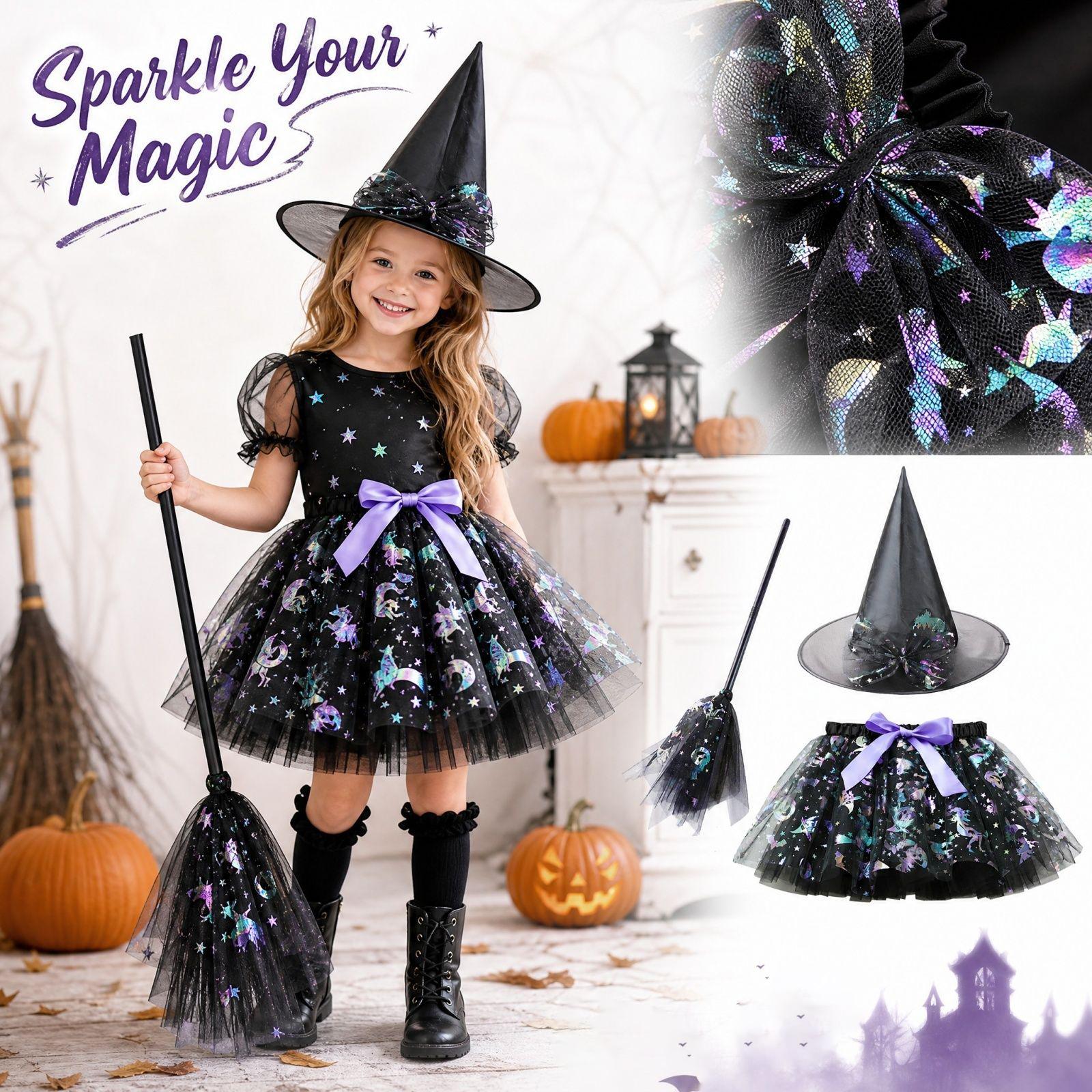 Mädchen Halloween Kostüm Set 3-teilig Kleid mit Kürbis und Print-Netz, Hexenhut und für Kostümparty 110 schwarz