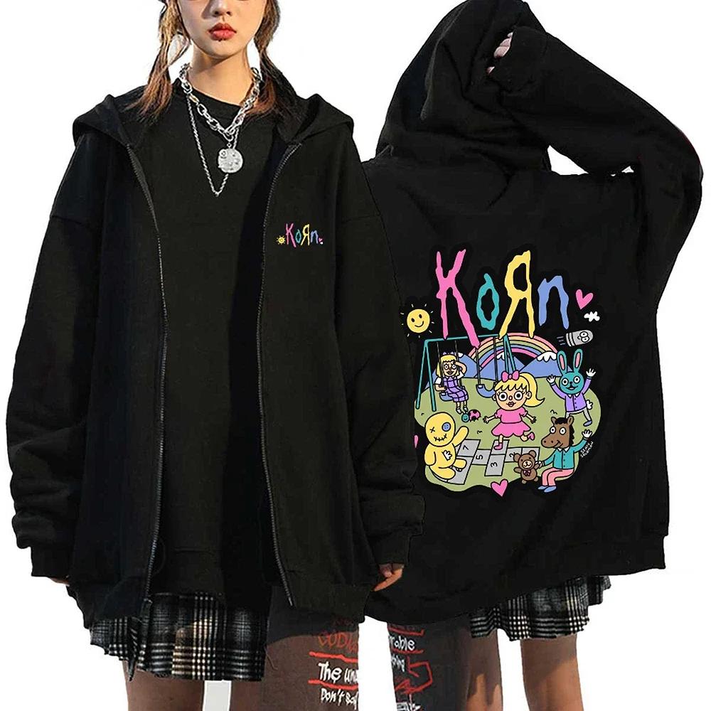 Korn Rock Hoodies WELTTURNÉE Reißverschluss-Sweatshirts Korn Rock Metal Zip-Up Jacken Fleece Übergroße Jacken Mäntel Hip Hop Streetwear S white