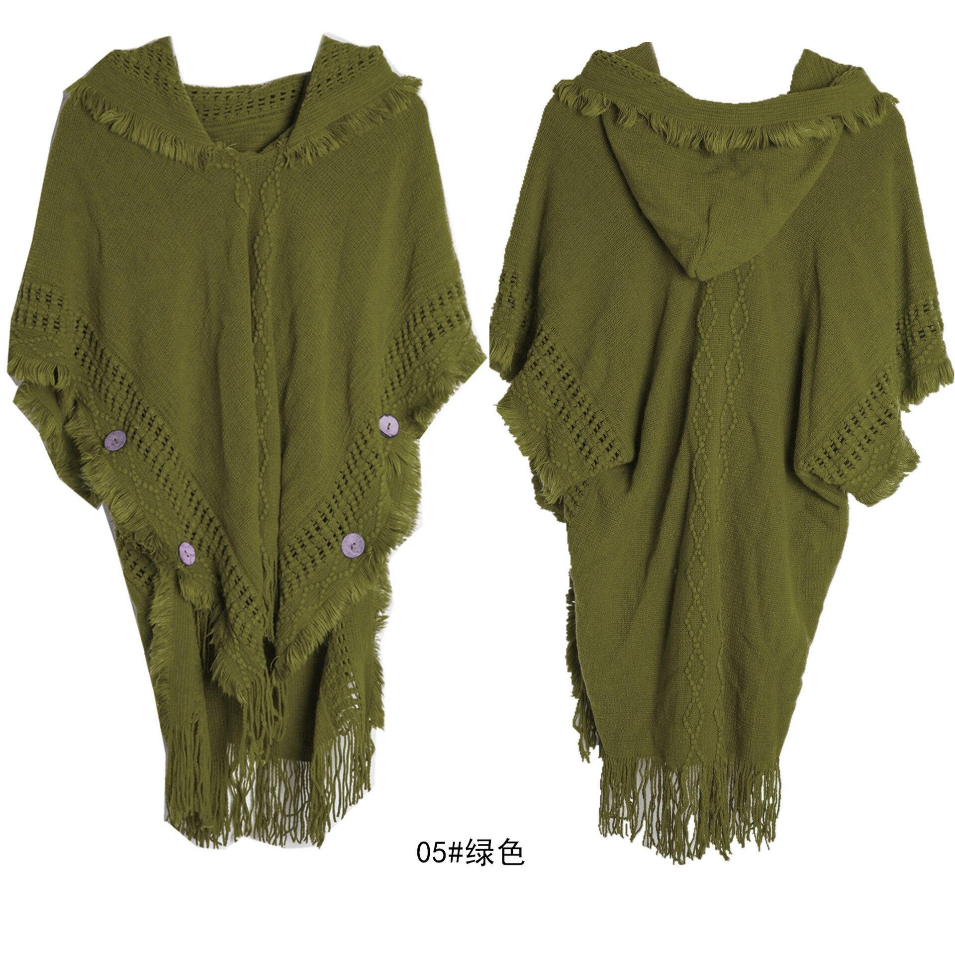10 farben Frauen Taste Lose Cape Poncho Frühling Herbst Gestrickte Fledermaus Ärmel Pullover Quaste Lange Aus Straße Tragen Pullover Mit hut One Size grün