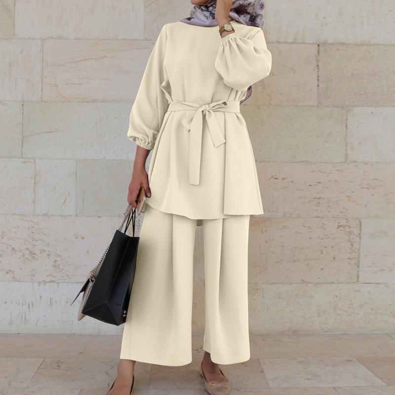 Abaya Muslimische Frauen Zweiteiliges Set Bluse Hose Arabisches Kleid Kaftan Islamischer Kaftan S beige