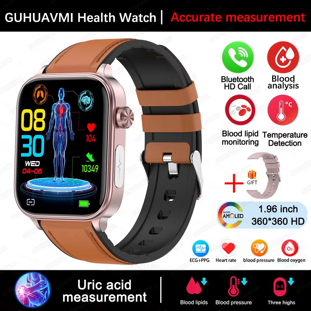 2025 Neue EKG+PPG Blutfett Harnsäure Gesundheits-Smartwatch Herren Damen Herzfrequenz Blutdruck Bluetooth Anruf Smartwatch für iOS Android Brown-Leather