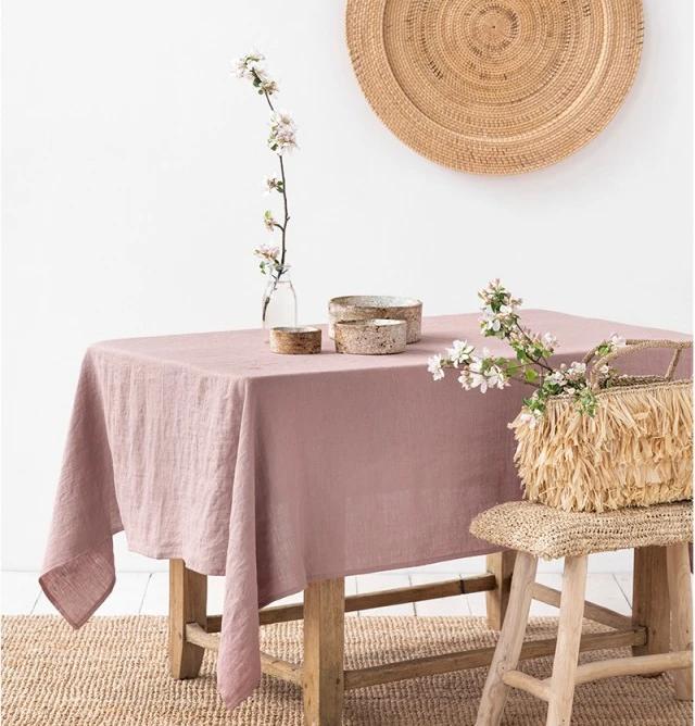 100% Reines Leinen Einfarbige Tischdecke,Naturstoff Tischdecke,für Küche Esszimmer Party Feiertags Tischdekoration 135x240cm rosa/grau