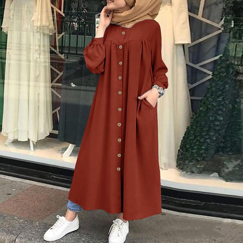 Muslimische Kleidung Frauen Kleider Einfarbig Langarm-shirt Kleid Casual Tasche Robe Musulman Dubai Muslimischen Kaftan Muslimischen Kleider L orange