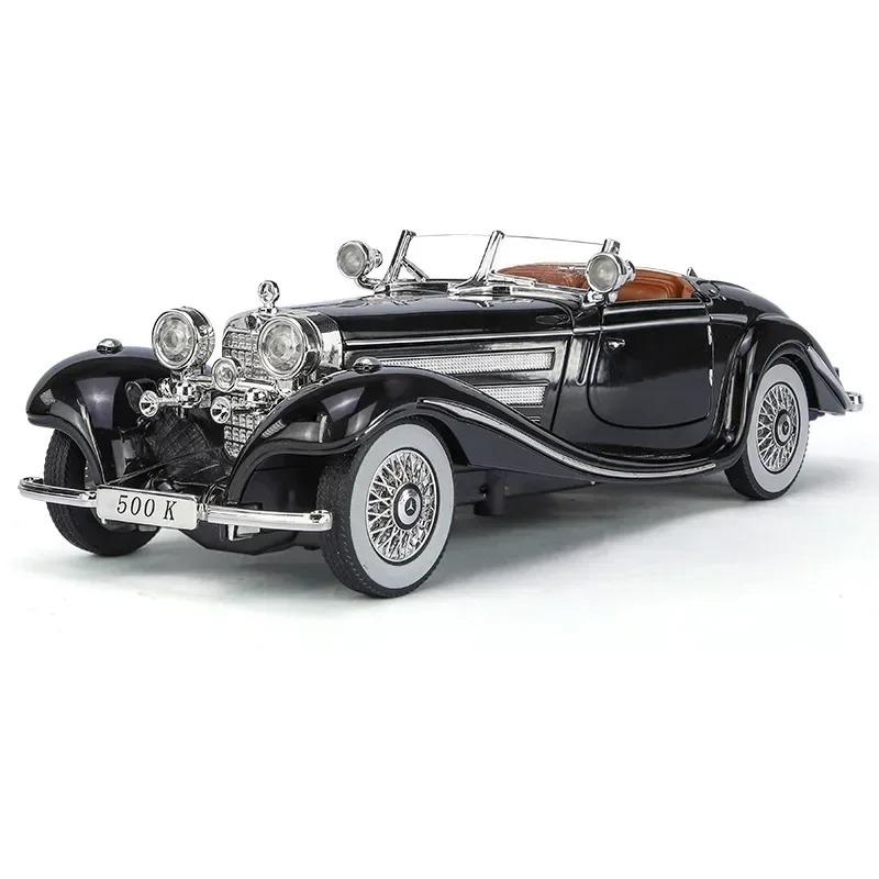 1/24 Mercedes-Benz 500K Oldtimer-Modellauto, Legierung, Druckguss, Metallguss, Sound- und Lichtauto, Spielzeug für Kinder schwarz