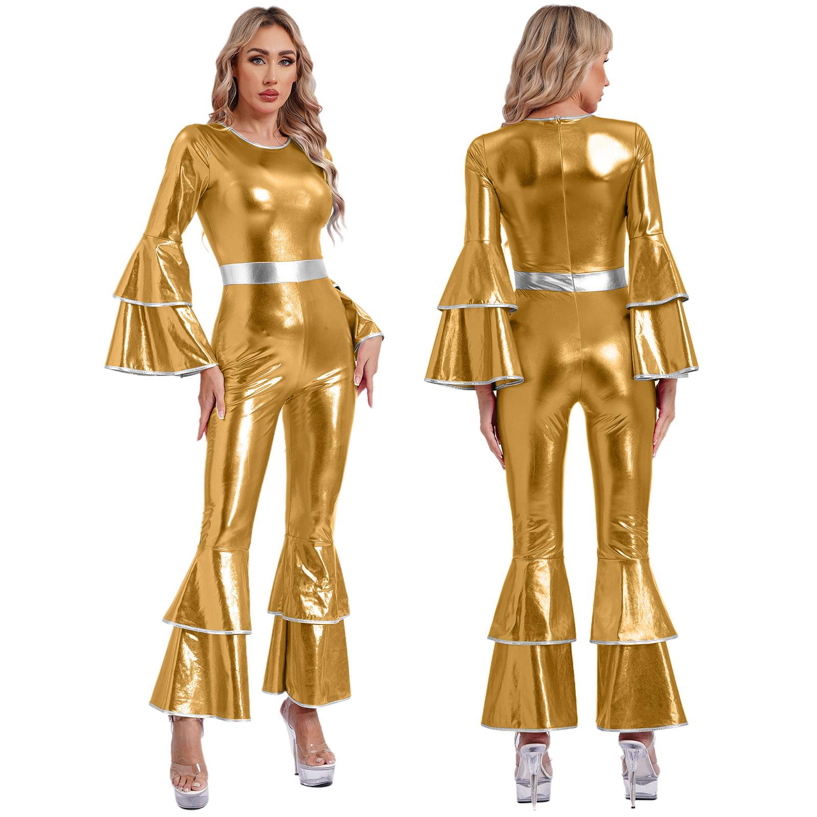 Damen Vintage 70er Jahre Disco Metallic Glänzend Jumpsuit Stufenärmel Schlaghose Hippie Strampler Einteiler Tanzbekleidung Kostüme XXL gold