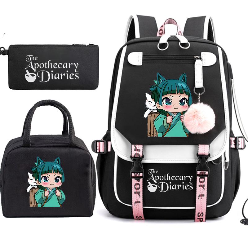 Die Apotheker-Tagebücher Maomao Anime Schultasche Schulrucksack Teens Mädchen Freizeit-Tagesrucksack Schüler Zurück zur Schule Federmäppchen 3 Stück/Set