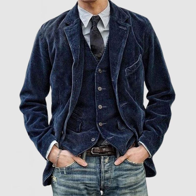 Herbst Herrenbekleidung Cord Einfarbig Anzug Herren Modische Casual Anzug Kragen Casual Jacke L dunkelblaue