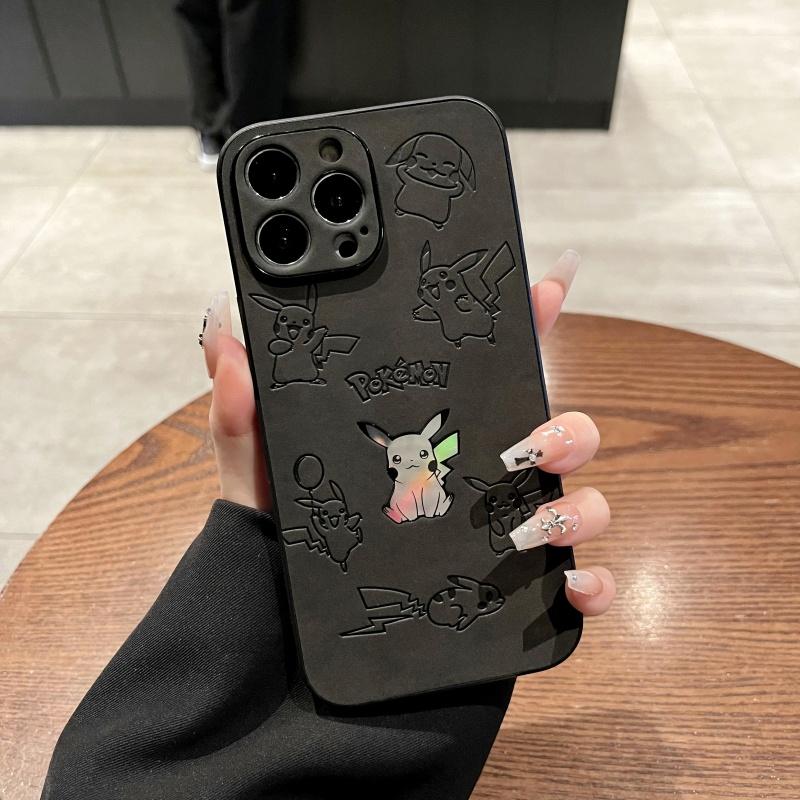 Japan Anime P-Pokemon P-Pikachus Handyhülle für iPhone 12 13 14 15 16 17 Pro Max Plus 11 16plus Air Laser Prägung Lederhülle for iPhone 15 Plus