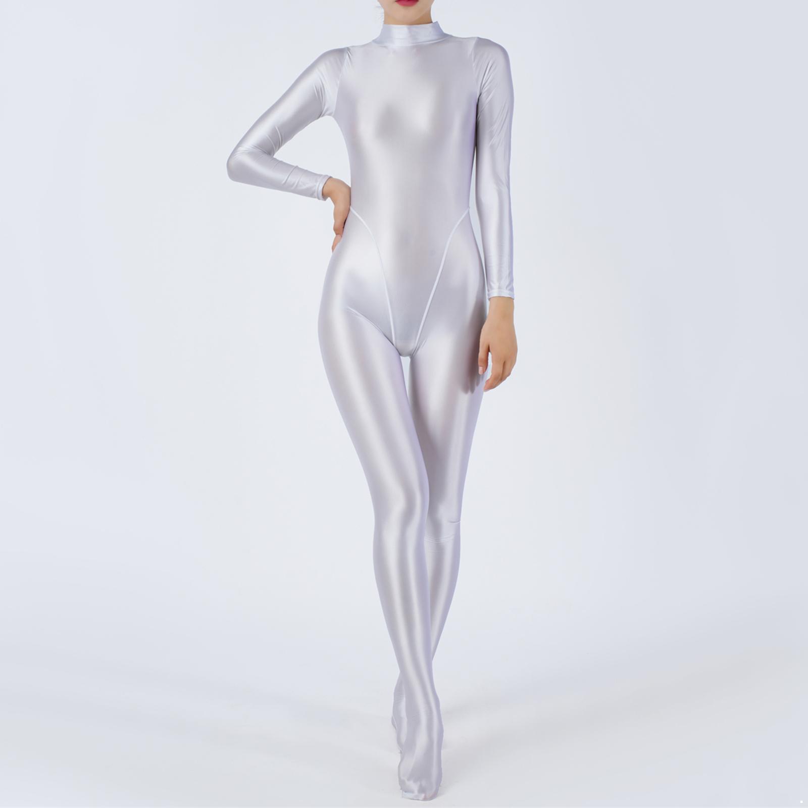Damen Club Dance Show Kostüm Skinny Jumpsuit Ganzkörper-Bodysuit Bodystocking Rash Guard zum Tauchen Surfen Yoga Pole Dance M weiß