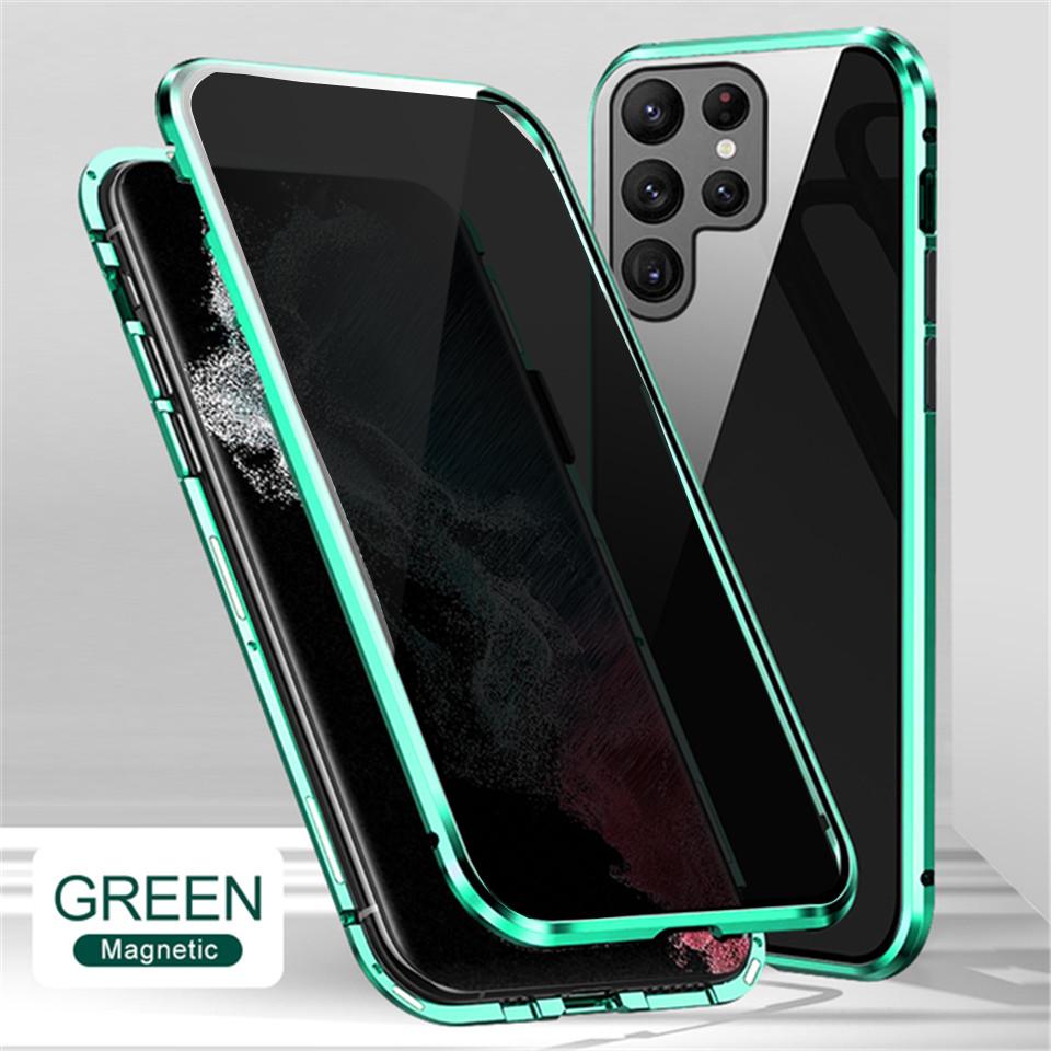 Privatsphäre Metall magnetische doppelseitige Glas für Samsung S23 S22 S21 S20 Ultra S20 S21FE Hinweis 20 Ultra A34 A14 A54 A53 A52 A71 Fall Samsung S10plus grün