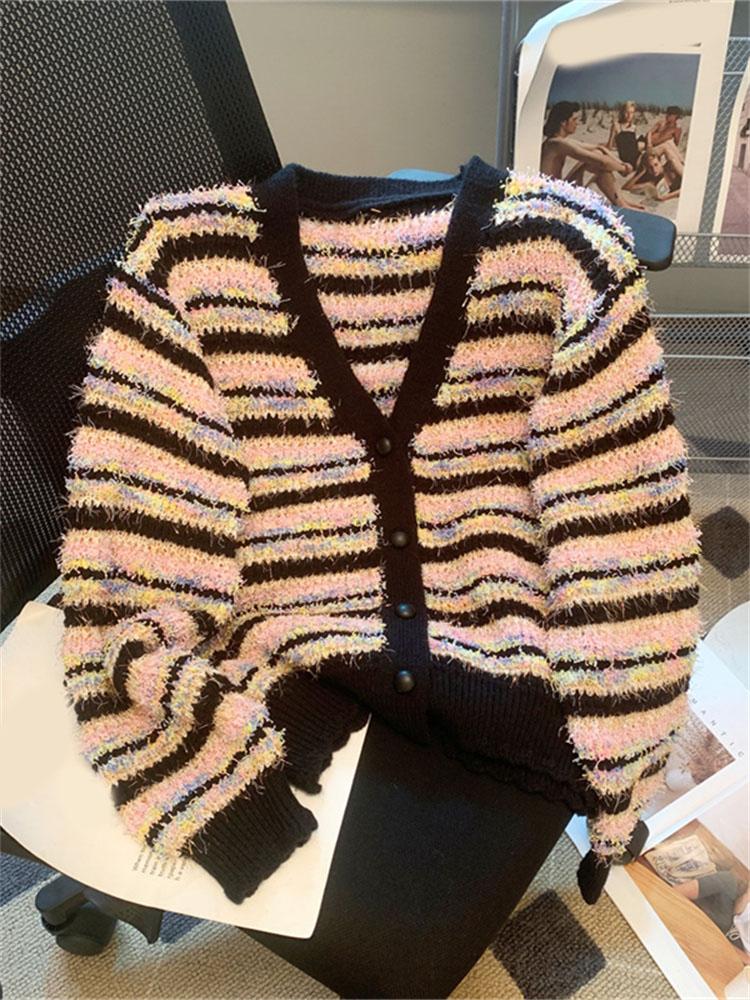 Regenbogen Gestreiften Frauen Strickjacke Herbst Winter Neue Mode Beiläufige Lose Strickjacke Chic Vintage V-ausschnitt Pullover One Size schwarz