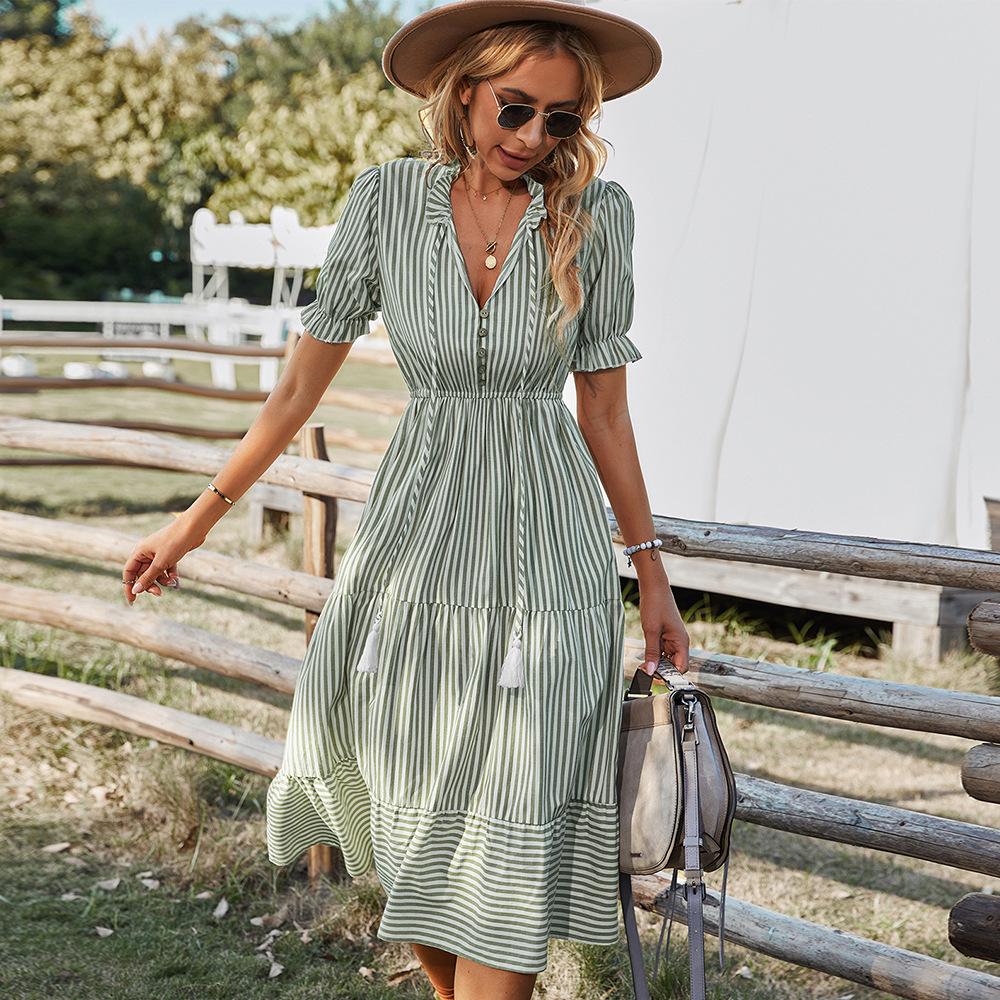 Frauen Elegante Gestreifte Laterne Hülse Sommer Kleid Kausalen V-ausschnitt Taste Rüschen Midi Kleid 2022 Frauen Strand Urlaub Party Kleid S