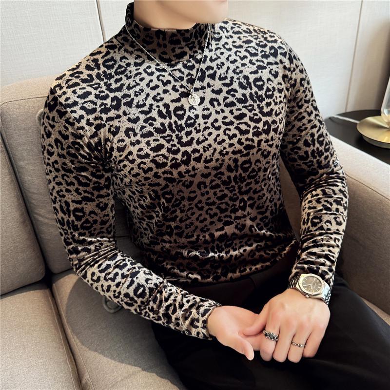 Herren T-Shirts Gold Samt Leopardenmuster Langarm Elastische T-Shirts Für Männer Halbhoher Kragen Slim Fit Casual Basic Tops T-Shirts 3XL braun