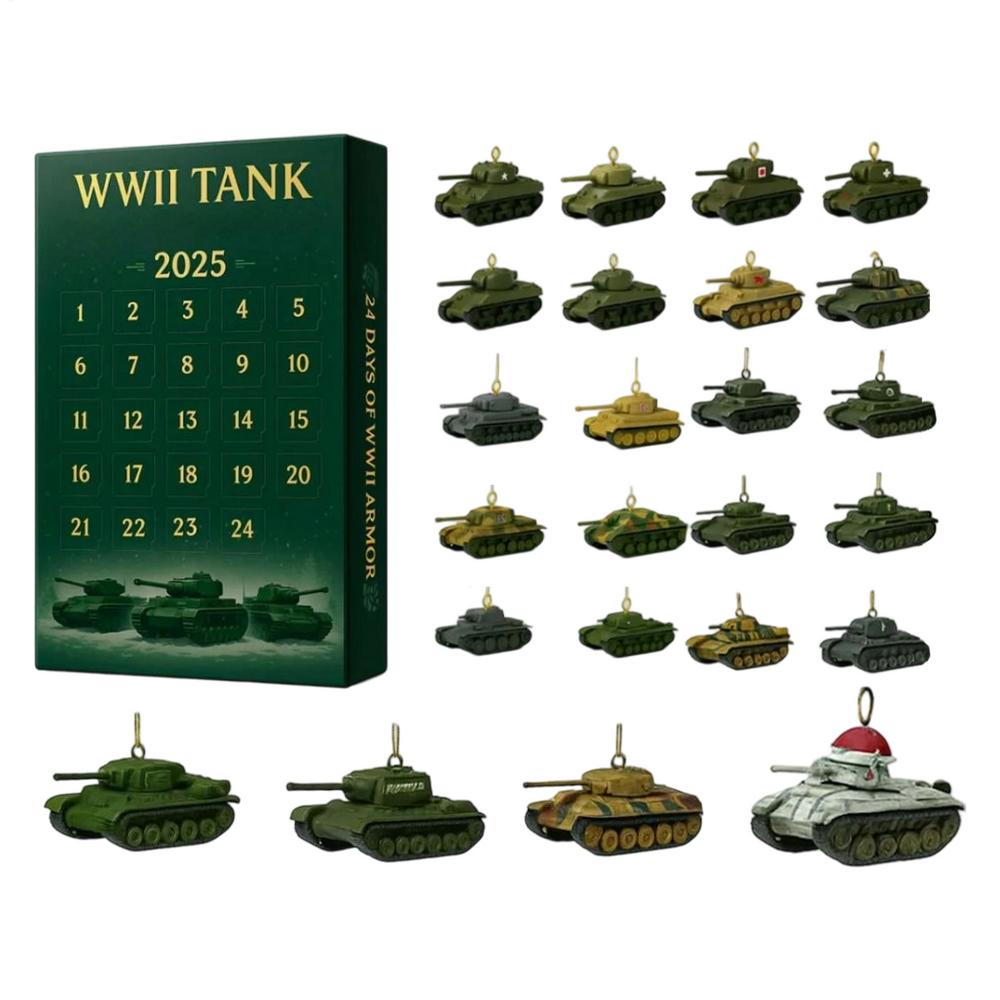 24 Tage Weihnachts-Countdown-Kalender Weihnachtsbaum Panzermodell Neujahrs-Weihnachtsgeschenk Advent Ikonischer Panzer Ornament Kalender L grün