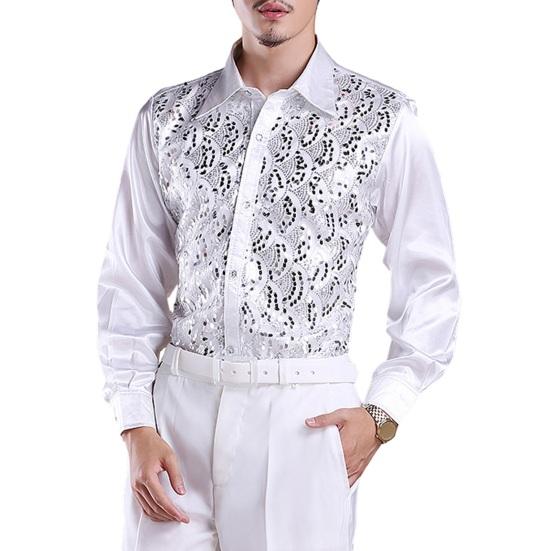 Männer Luxus Pailletten Hemd Revers Langarm Einreiher Hochzeit Bühne Hemd Slim Fit Formale S weiß