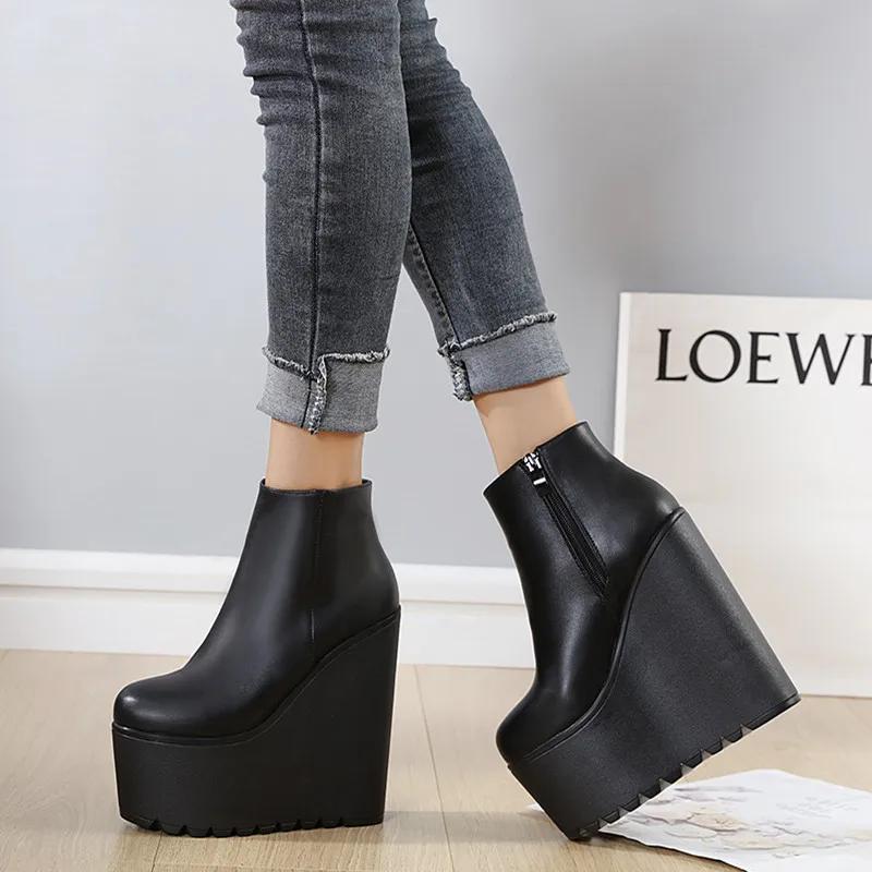 Mode 16CM schwarze Stiefeletten Reißverschluss Damenschuhe Herbst Luxus Designer Clogs Plateau Stiefel-Damen Runde Zehen Niedrig Mode Keilabsatz Damen 37