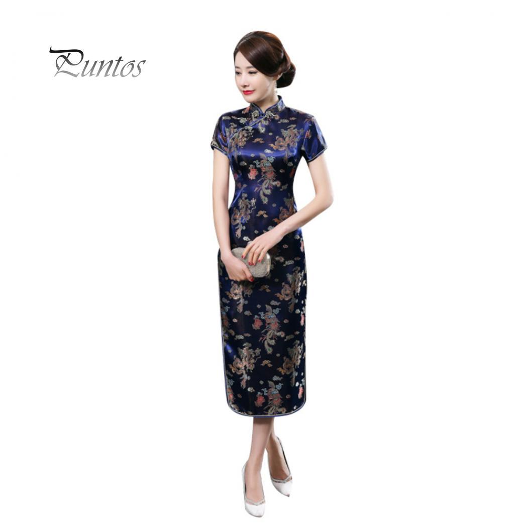 Traditionelles chinesisches Frauen-langes Cheongsam-Brautjungfer-Kurzarm-Abendkleid L dunkelblaue