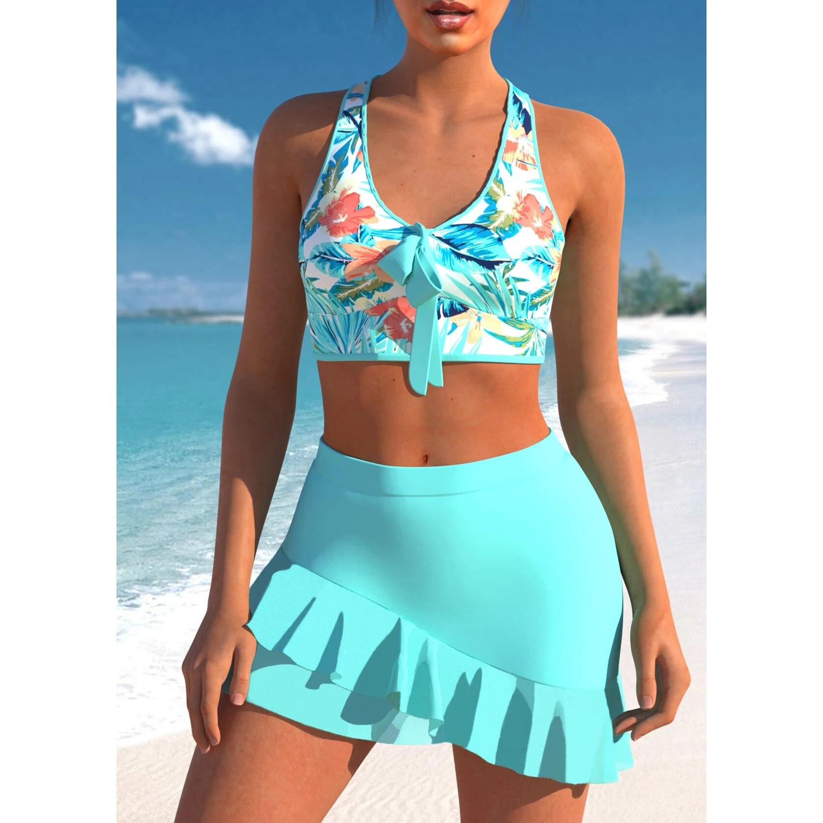 Damen Vintage Bikini Bademode Sommer Bademode Hohe Taille Zweiteiliger Badeanzug Streifenbedruckt Blumendruck Badeanzug XS-8XL XXXL blau