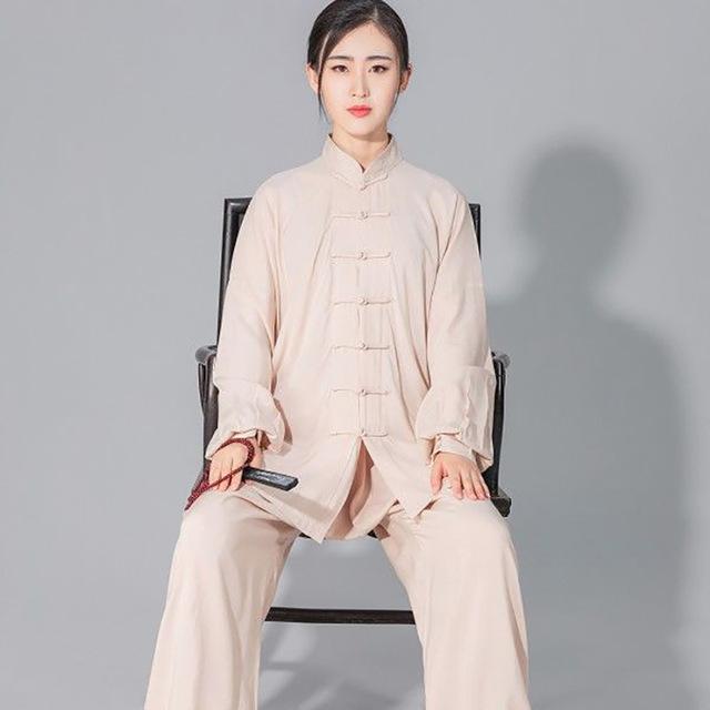Damen Herren Soft Cotton Line Tai Chi Anzug Kung Fu Wushu Kampfsport Uniform Wing Chun Jacke Hose XL beige