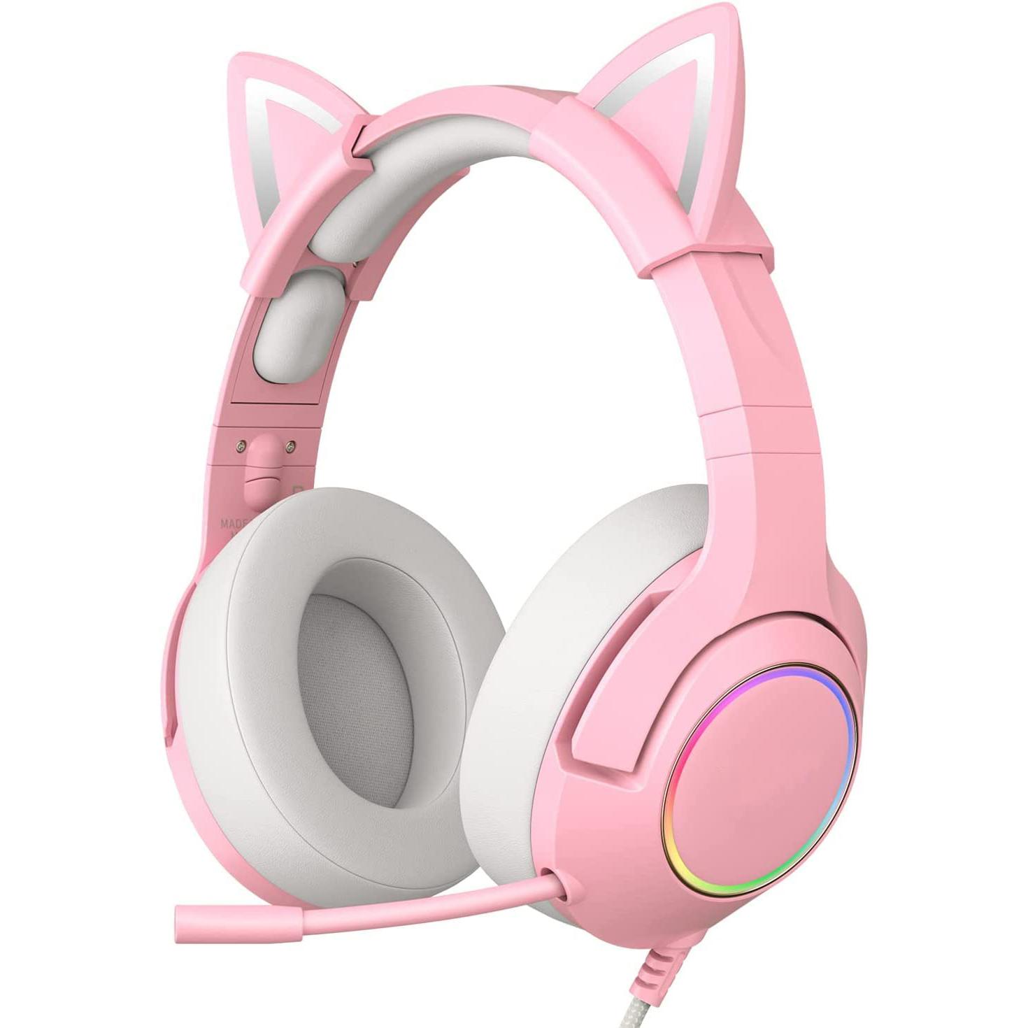 K9 Gaming-Headset, kabelgebundener Over-Ear-Kopfhörer mit abnehmbaren Katzenohren, Mikrofon mit Geräuschunterdrückung, RGB-Hintergrundbeleuchtung, Surround-Sound für PC PS5 PS5 Xbox 18.5*9.5*19.5cm rosa